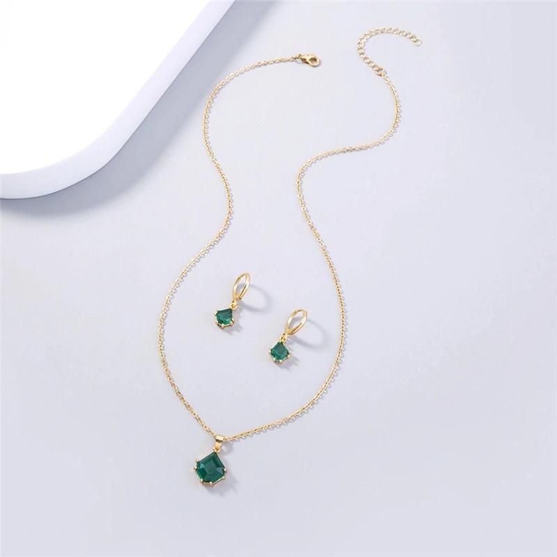 Hot Sell New Polygon Green Glass Pendant Necklace and Earring Set Jewelry for Women in 18K Gold Plated Irregular Shape Fashion Accessores Bijoux