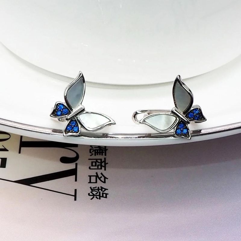New Design 925 Sterling Silver Classic Pearl Butterfly Earrings with Sapphire Stones