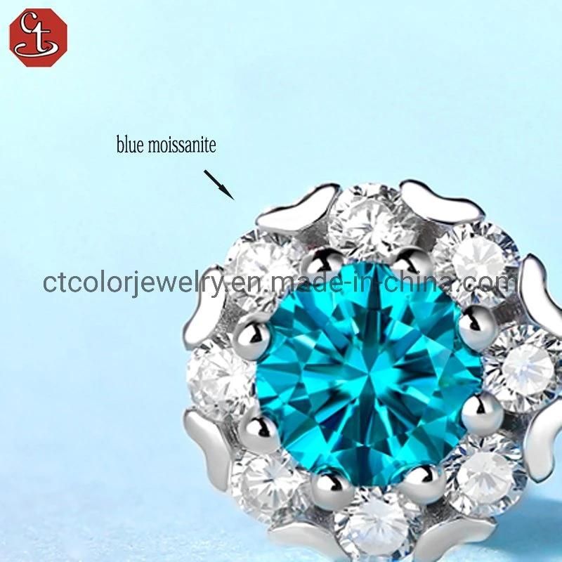 Hot Sale Blue Moissanite Ear Stud Fashion Accessories Silver Earrings for Women