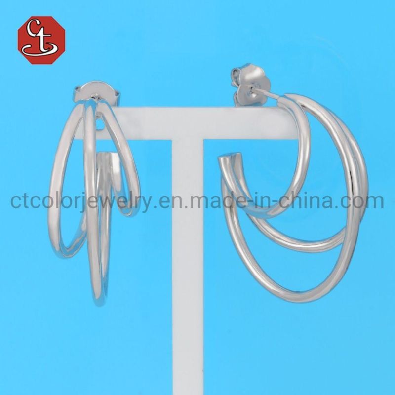 Women Three Line 14K Gold plated Silver Jewelry big size Hoop Earring