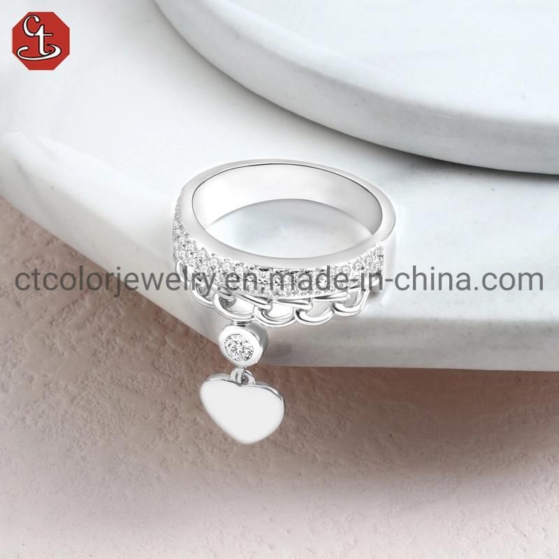 Fashion Jewelry Crown Drop Heart 925 Silver Cubic Zirconia Ring