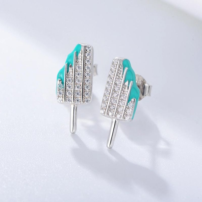 Popular Tiny Summer Silver Plated Earrings Women Zircon Ice-Cream Enamel Stud Popsicle Earrings