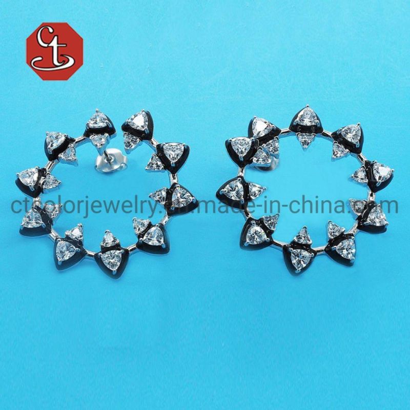 Circle Shape CZ with Green Enamel Earring Rose Gold&Rhodium Earring Sterling 925 Silver Jewelry
