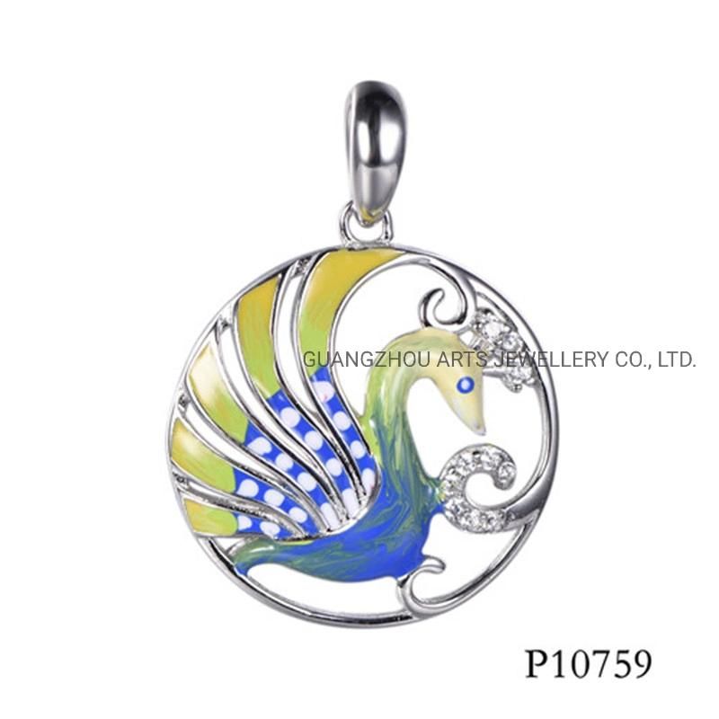 925 Sterling Silver Enamel Painted Walking Peacock Pendant