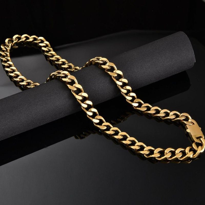 Street-Wear 18K Gold Miami Chunky Cuban Link Chain Box Clasp Stainless Steel Hip Hop Necklace for Men