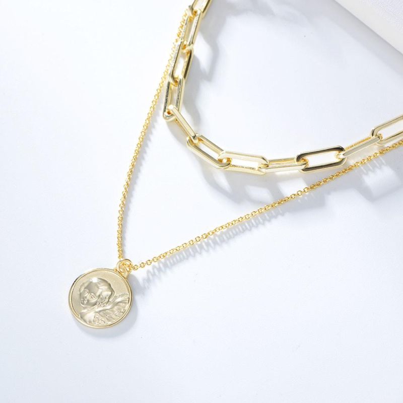 Fashion Women 18K Gold Plated Double Link Chain Coin Pendant Necklace