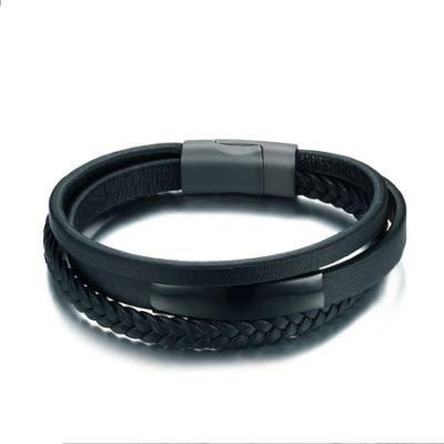 Stainless Steel Leather Bracelet Bracelet 20.5 Cm Stainless Steel Three-Ring Bracelet Korean Version of Men&prime; S Black Bracelet