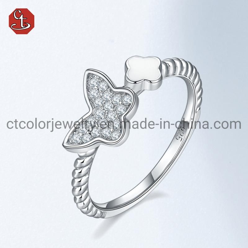 Custom  Design Lovely Butterfly Shape Vintage Silver Plated White Enamel Ring Fashion Jewelry 925 Sterling Silver Ring for Woman
