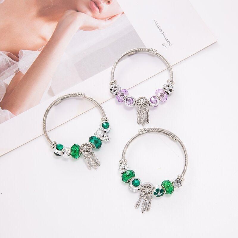 Fashion Jewelry DIY Crystal Clover Beaded Dreamcatcher Stainless Steel Bangle