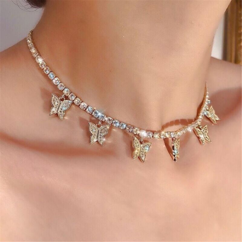 2021 Fashion Glitter Sexy Party Diamond Zircon Stone Tennis Girl Cross Butterfly Pendant Necklace Chain for Women