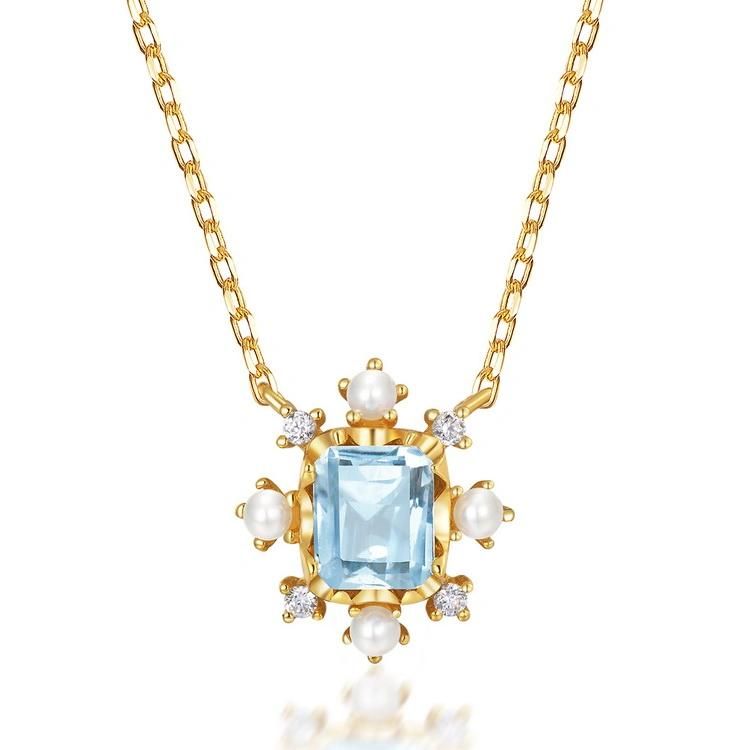 Wholesale 925 Silver Sky Blue Topaz Necklace Jewelry Trend Gold Plating Necklace with Zircon Pendant