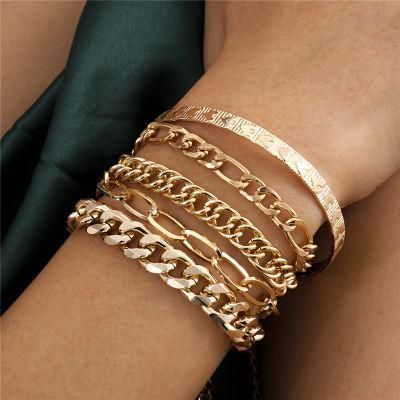 European and American Fashion Jewellery Gold and Silver Jewelry Heart-Shaped Print Bangle Punk Hip Hop Cuban Metal Chain Set Bracelet for Women