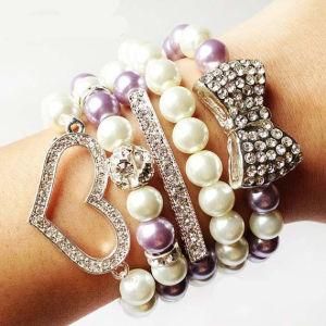 Alloy Charm Bracelet, Rhinestone Heart, Bow, Bar Jewelry Charm Bracelet Set, Pave Bead Bracelet Set