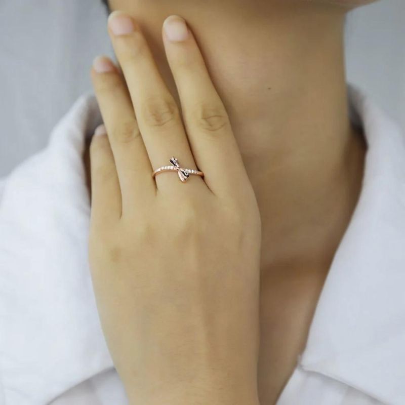Real 925 Sterling Silver Ring Bowknot Zircon Exquisite Adjustable Ring Women Wedding Sweet Romantic Girl Jewelry