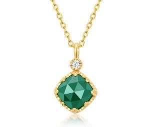 Simple Design Fashion Gold Plated S925 Silver Charm Square Shaped Green Agate Pendant Necklace