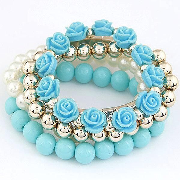 Fashion Jewelry Bohemian Ethnic Style Pearl Roses Multi-Layered Stretch Bracelet