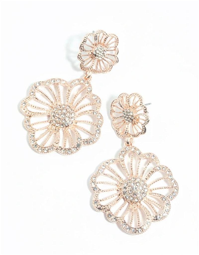 Rose Gold Diamante Floral Drop Earrings