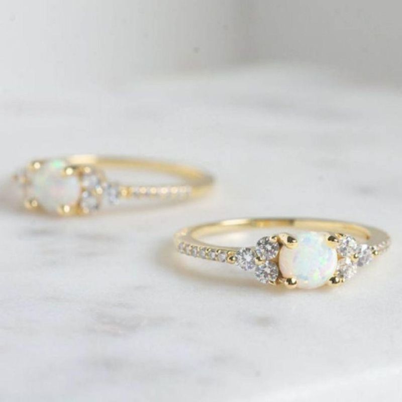 925 Sterling Silver 14K Gold Plated Synthetic Round White Fire Opal Three Stone Dainty Diamond Rings