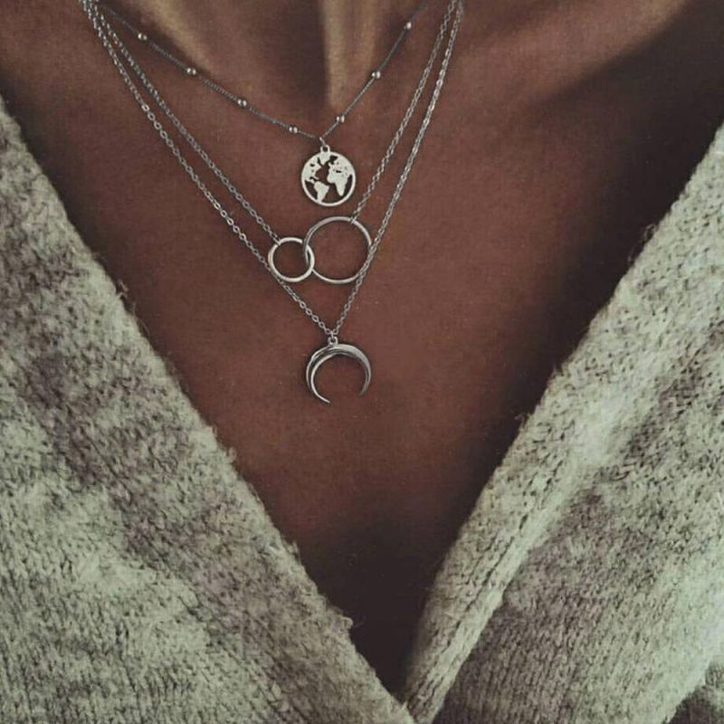 Bohemian Women Multi Layer Choker Necklace with Map Moon Pendant