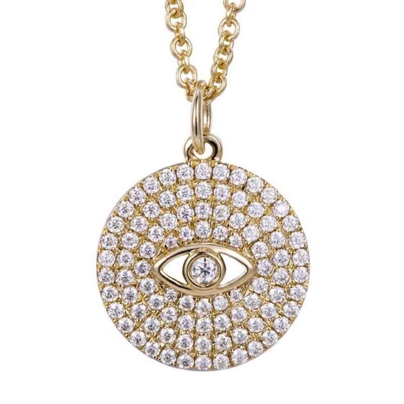 Fashion Accessories 925 Sterling Silver Gold Plated Pave Diamond Pendent Large Evil Eye Necklace