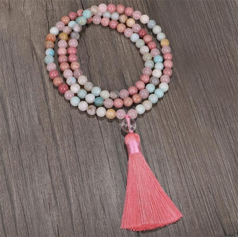 Natural 8mm Rhodochrosite Amazonite Beads Necklace Peaceful Heart 108 Bead Mala Jewelry Buddha Prayer Bracelet Necklace