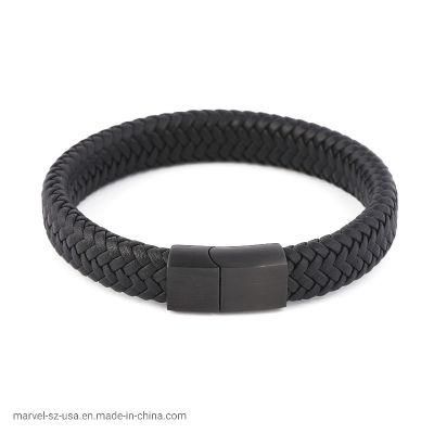 Men Wrist Band Black Magnetic Clasps Fashion Jewelry Braided Leather Bracelet