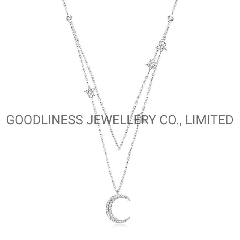 Fine 925 Sterling Silver Moon and Star Multi-Layer Necklace