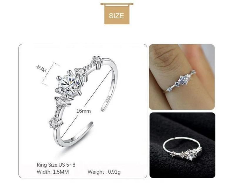 Real 925 Sterling Silver Ring Exquisite Six Claw Zircon Adjustable Ring for Women Light Luxury Wedding Jewelry