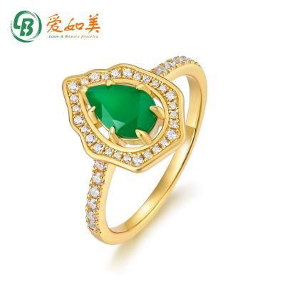 Wholesale Handmade Green Agate 925 Sterling Silver Jewelry Ring Vintage Gold Plating Natural Gemstone Women Ring