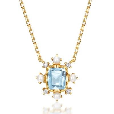 Wholesale 925 Silver Sky Blue Topaz Necklace Jewelry Trend Gold Plating Necklace with Zircon Pendant