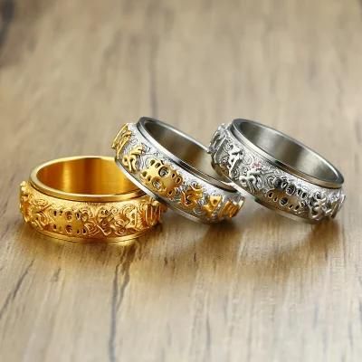 Top Selling Plating Buddhist Scriptures Stainless Steel Jewelry Rotatable Ring for Men Women