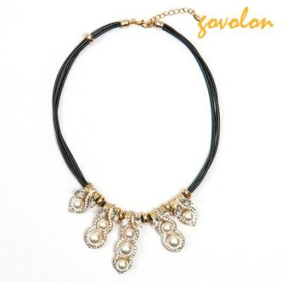 Fashion Leather String Necklace with Rhinestone and Imitation Pearl