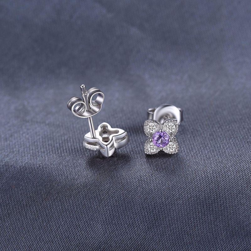Flower Gemstone Jewelry Amethyst Studs Earrings Sterling Silver Jewelry for Women