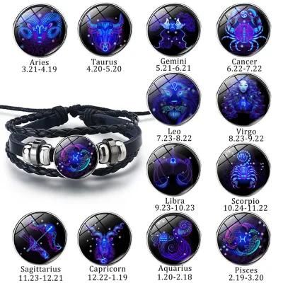 Wholesale 12 Constellation Zodiac Sign Bracelet Men Multilayer Braided Leather Bracelet Bangle for Women Fashion Birthday Party Jewelry