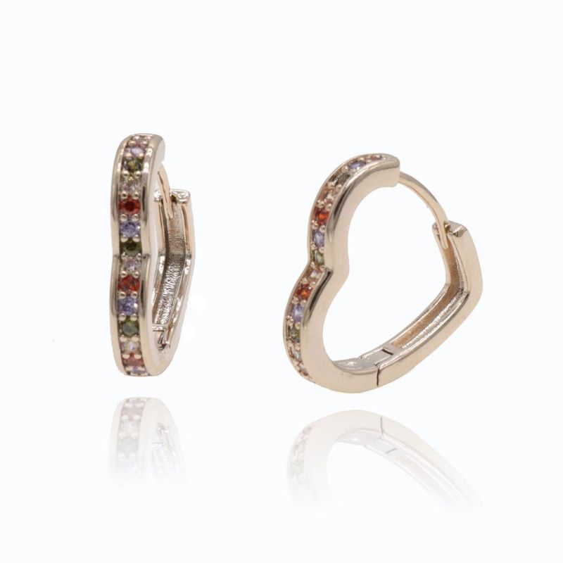 Colored Zircon Inlaid 18K Gold Plated Women′s Heart Earrings