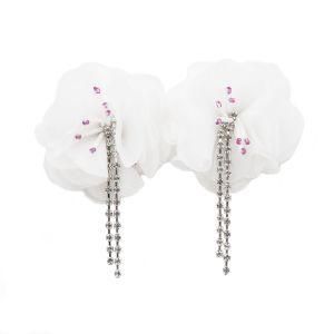 Fashion Accessories Women Jewelry White Fabric Flower Stone Chain Stud Earrings