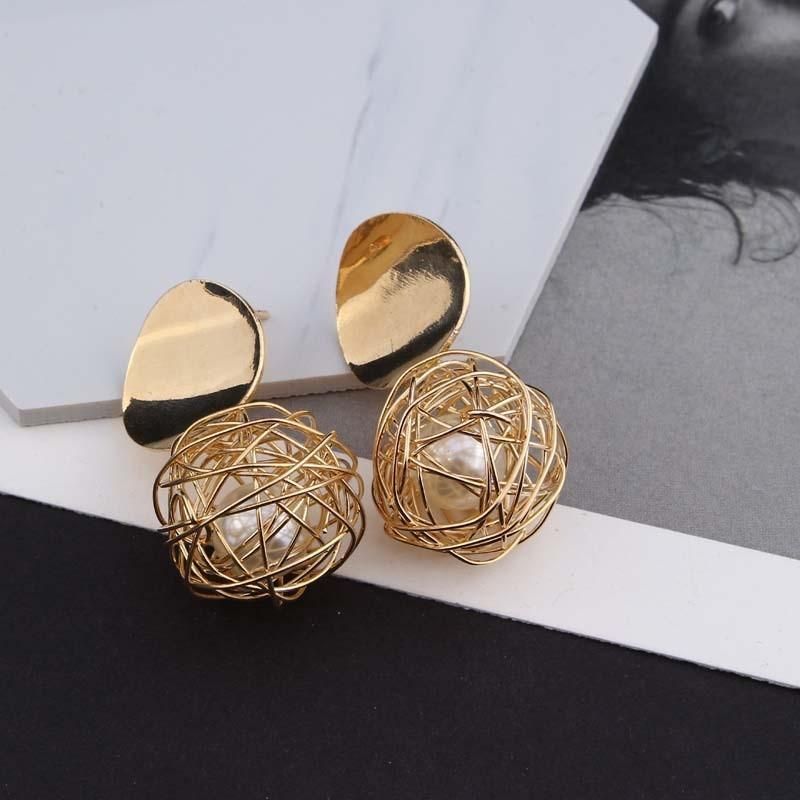 Women Golden Color Round Ball Geometric Earrings Fashion Jewelry Stud Earrings