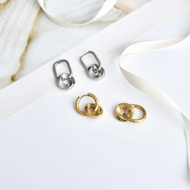 Vintage Interlocking Double Hoops Irregular Stud Two Circles Piercing Earrings