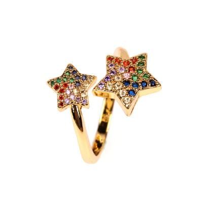 18K Gold Plated Copper Colorful Cubic Zirconia Star Open Cuff Rings for Women