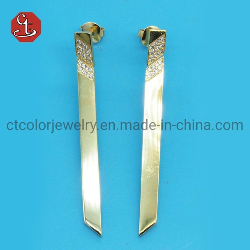 Women Popular Baguette Stud Hot Sale CZ Plain Knife sharp Dangle Earring Brass & Silver Jewelry