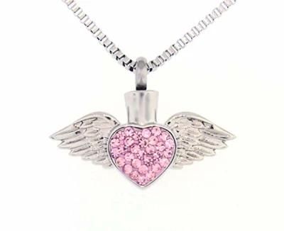 Red Heart Angel Wing Cremation Jewelry Pendant with Pink Crystal