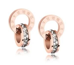 Rose Gold Color Double Circle Earrings Women Drop Earrings Round Shining Zircon Roman Numerals Jewelry