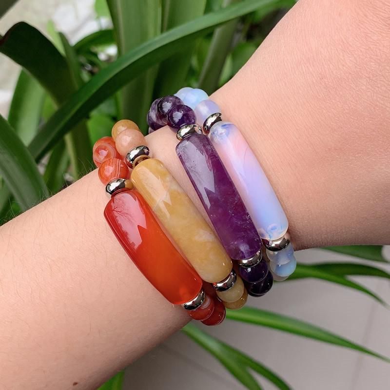 Natural Stone Bracelet Agates Lapis Fluorite Amethysts Rectangle Bar Charm Pink Quartz Purple Crystal Bracelet Healing Chakra