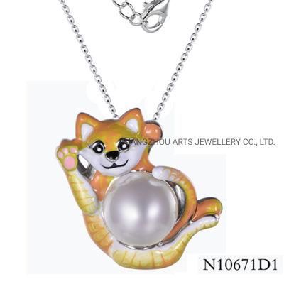 Lovely Cat Pendant with White Shell Pearl Silver Necklace