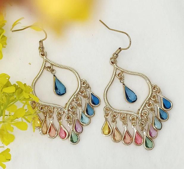 18K Gold Plated New 2021 Elegance Fashion Jewelry Dangling Teardrop Coloured Stone Chick Statement Earrings for Women