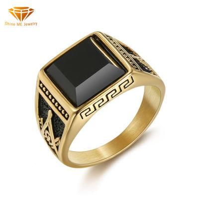 Hot-Selling Classic Retro Rings in Europe and America IP Gold Stainless Steel Black Agate Masonic AG Ring for Men