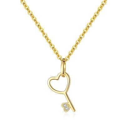 925 Sterling Silver 14K Gold Plated Hear Zircon Key Pendant Clavicle Chain Necklace Women Party Jewelry Gift