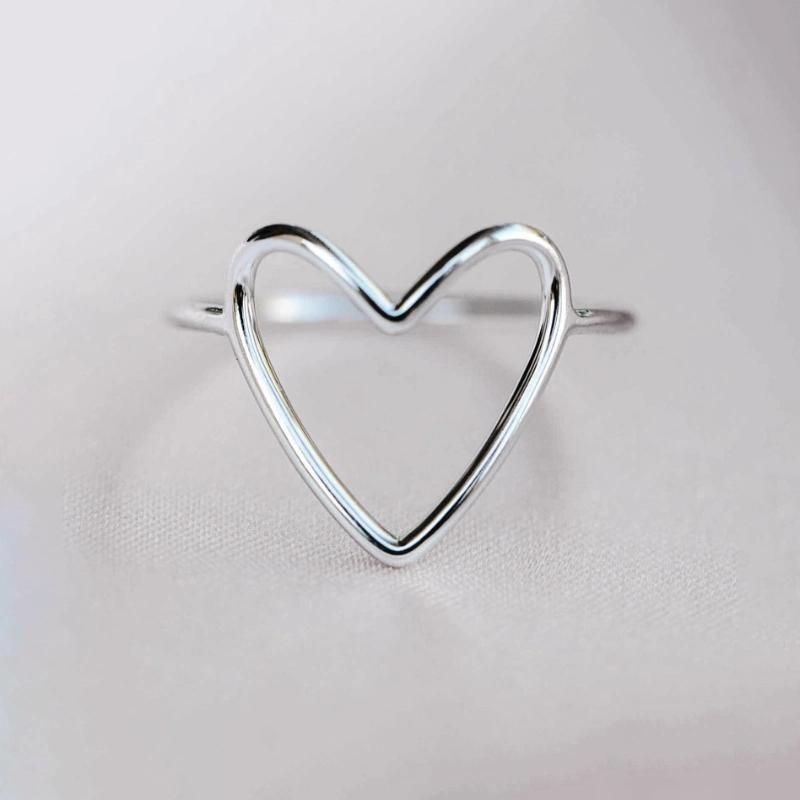 Customizable Fashion Simple Jewelry 925 Sterling Silver Statement 18K Gold Plated Big Heart Shape Thin Finger Ring for Women