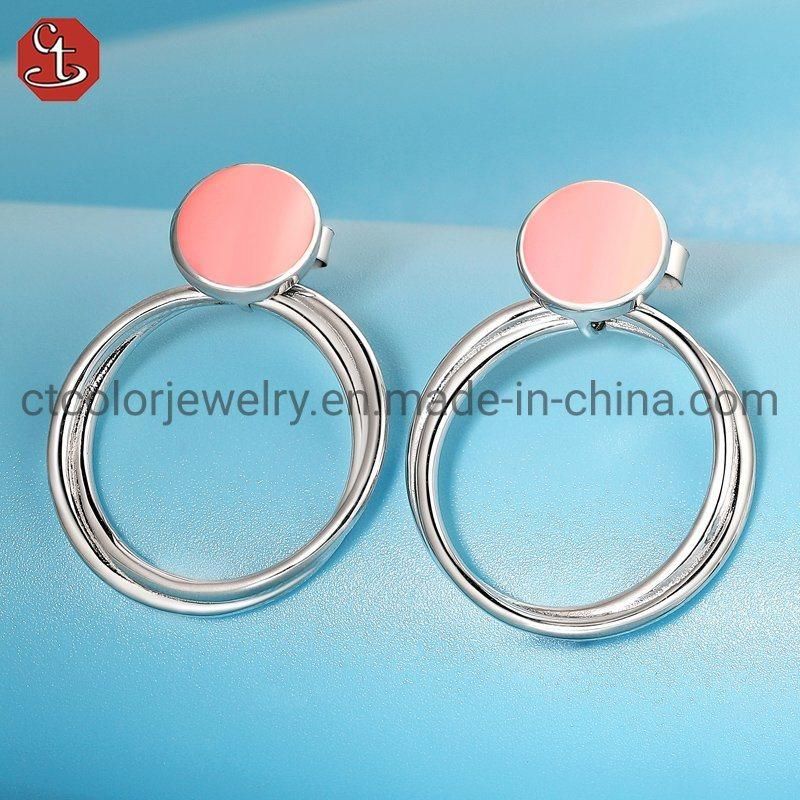 Fashion Jewelry 925 Sterling Silver Circle Earrings with Pink Enamel