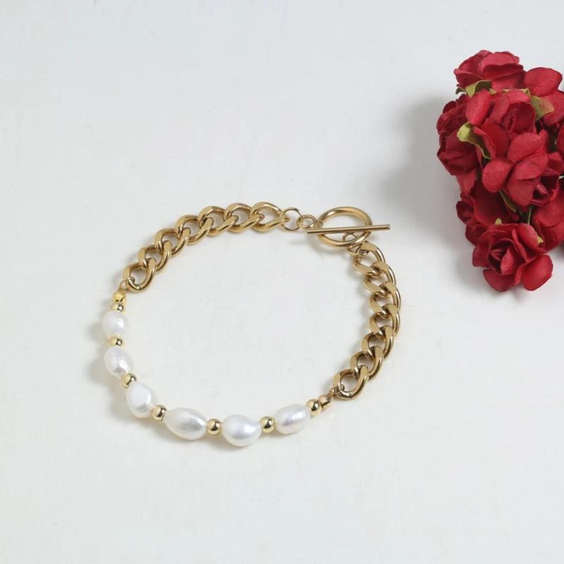 Manufacturer Custom Gold Fashion Jewellery High Quality Waterproof Stainless Steel Gold Jewelry Gold Chain Freshwater Pearl Bracelet